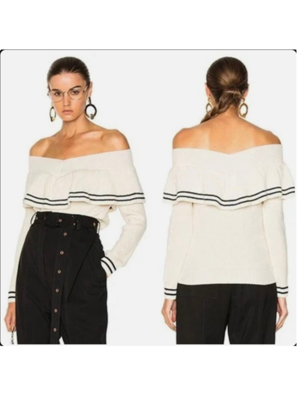 Self Portrait Wool Ivory Ruffle V-Neck Sweater S
